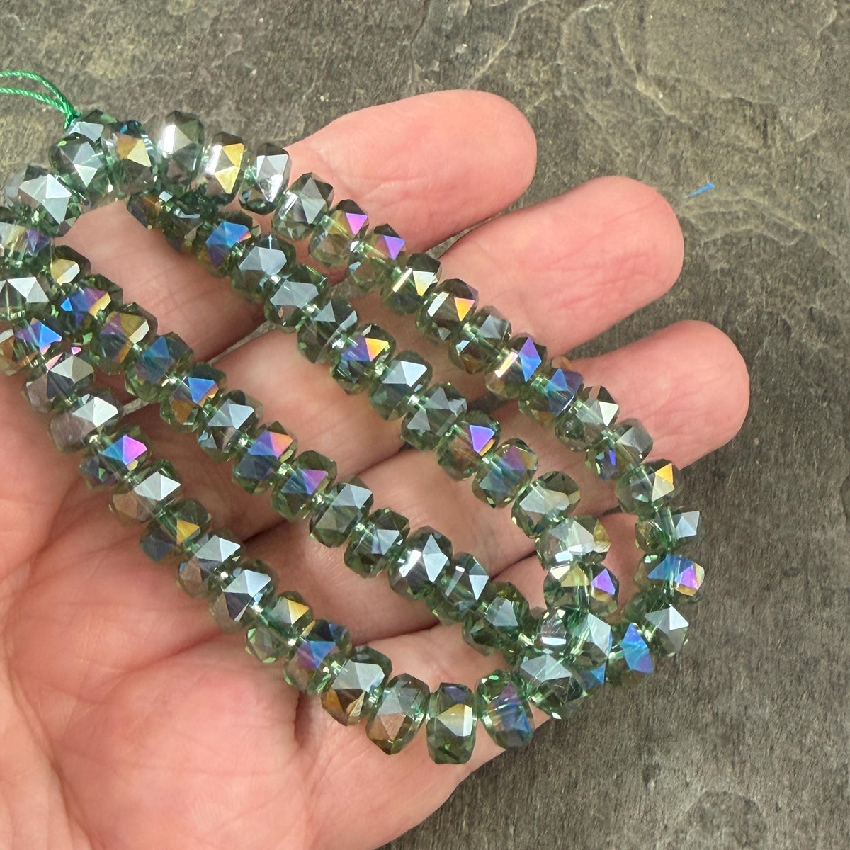 Iridescent 8x5.25mm Faceted Rondelle - Fern Green with AB (8x5RON-FernAB) * 30 Beads