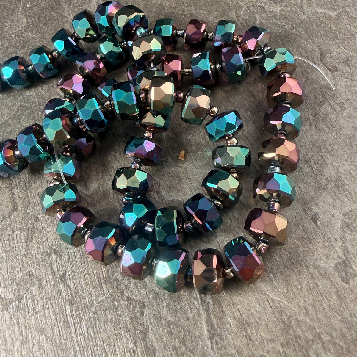 Black Iridescent Beads: Electroplated Glass, 10x7mm Faceted Rondelles * 20 Beads