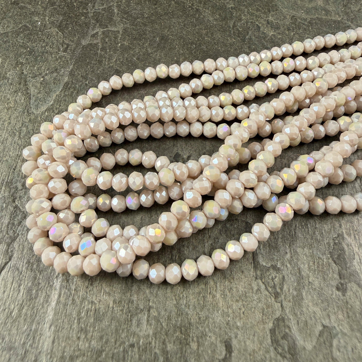 4x3mm Faceted Glass Beads, Alabaster Beige with AB Finish (ABeigeAB-4) * 14" Strand