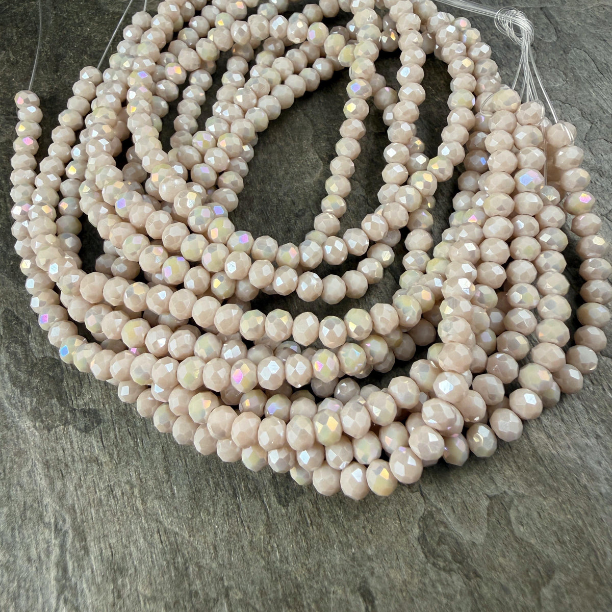 4x3mm Faceted Glass Beads, Alabaster Beige with AB Finish (ABeigeAB-4) * 14" Strand