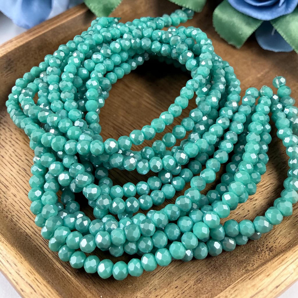4x3mm Faceted Glass Beads, Dark Turquoise Blue with AB Finish (DkTurqAB-4) * 14" Strand