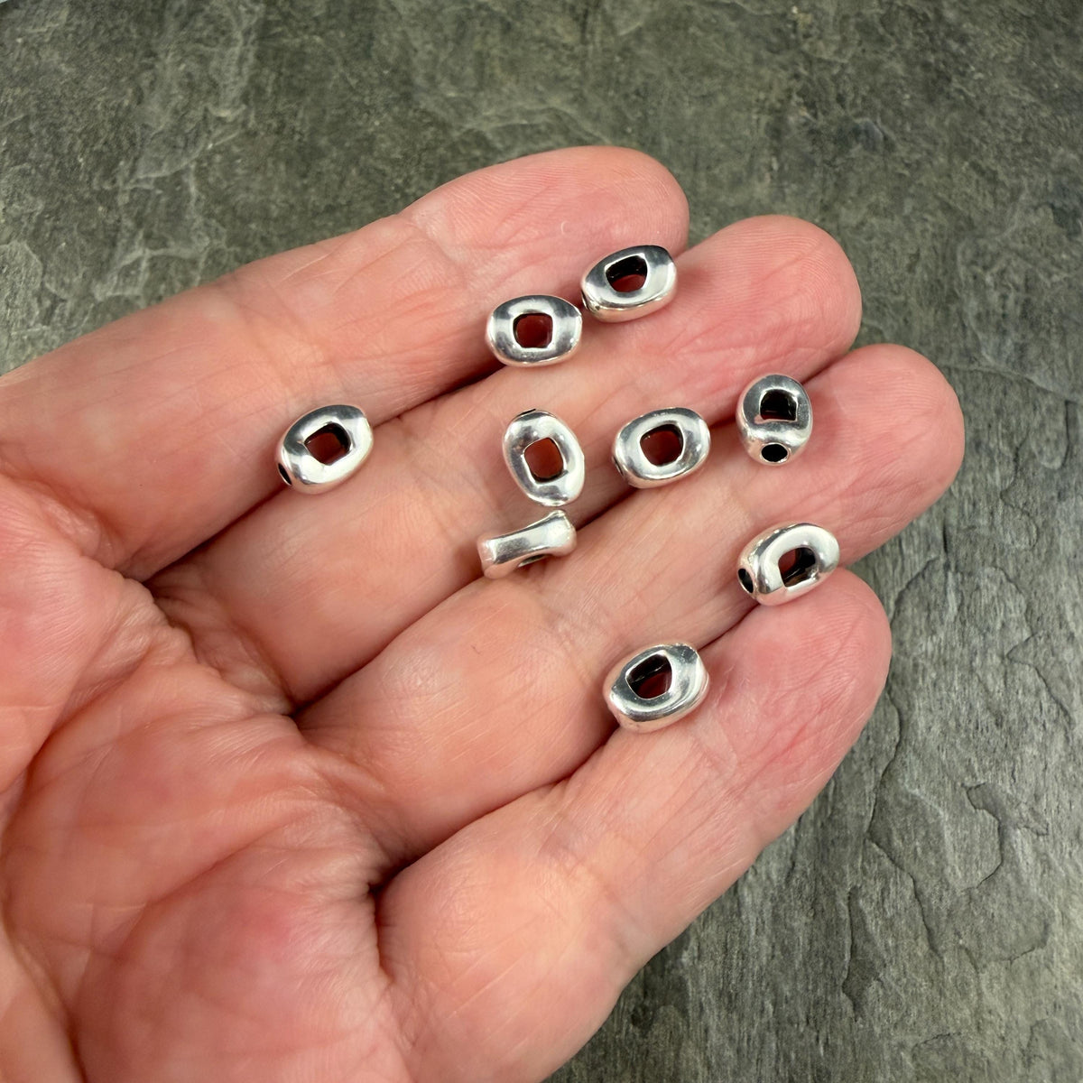 Antiqued Silver Plated Oval Bead, 8x6.25mm with Window and 2mm Hole (PF/14728-77) * Qty. 10