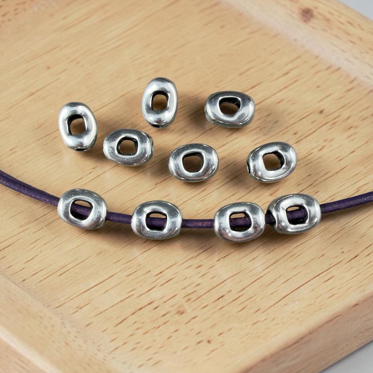 Antiqued Silver Plated Oval Bead, 8x6.25mm with Window and 2mm Hole (PF/14728-77) * Qty. 10
