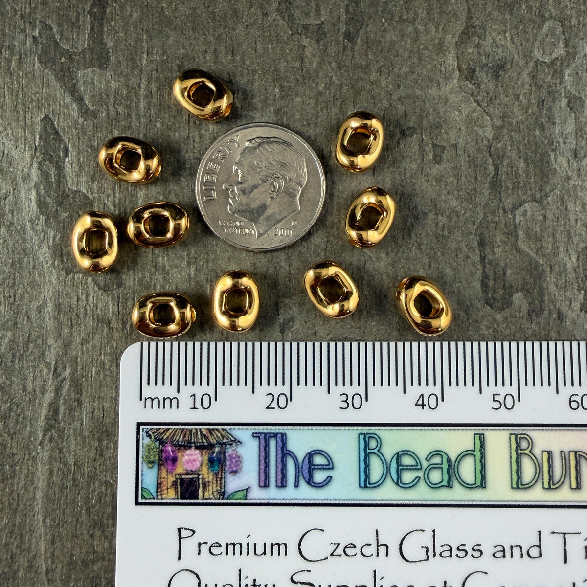 24k Gold Plated Oval Bead, 8x6.25mm with Window and 2mm Hole (PF/14728-12) * Qty. 10