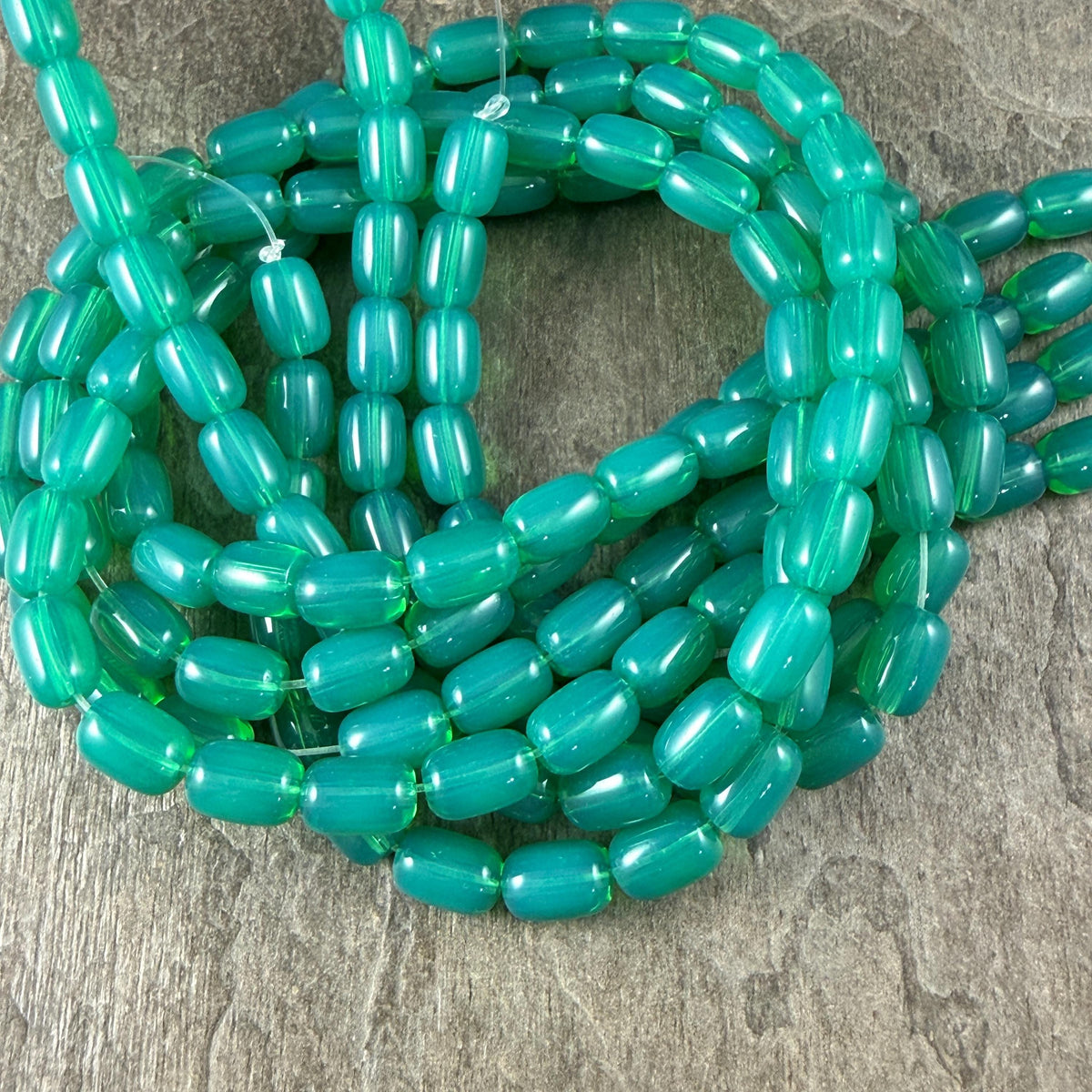 9x6mm Rounded Barrel Glass Beads, Milky Teal, Aqua * 7" Strand, 20 Beads