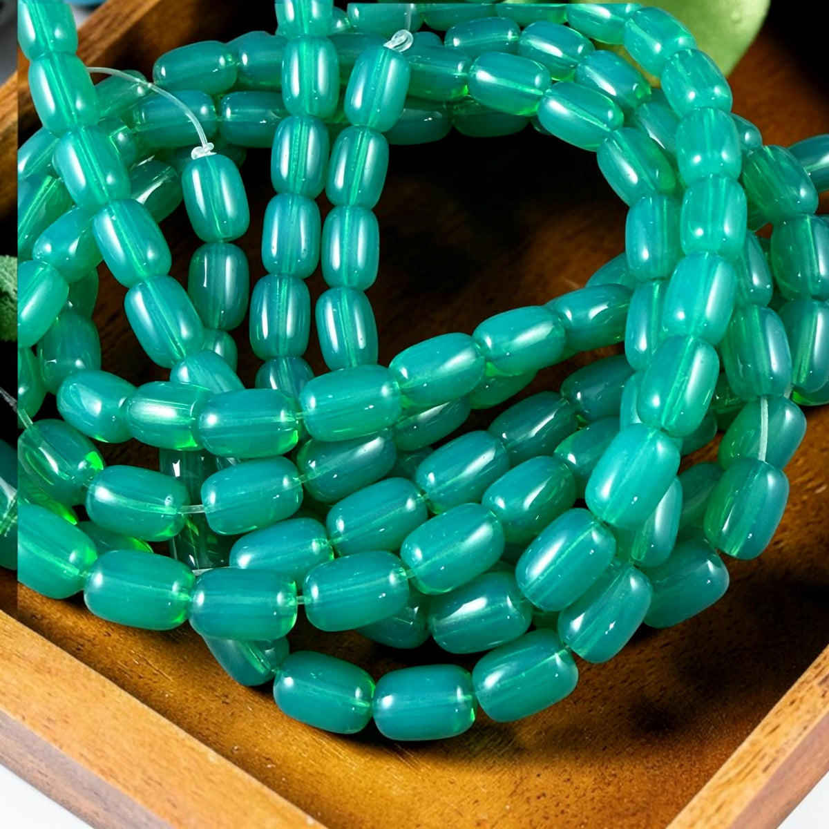 9x6mm Rounded Barrel Glass Beads, Milky Teal, Aqua * 7" Strand, 20 Beads