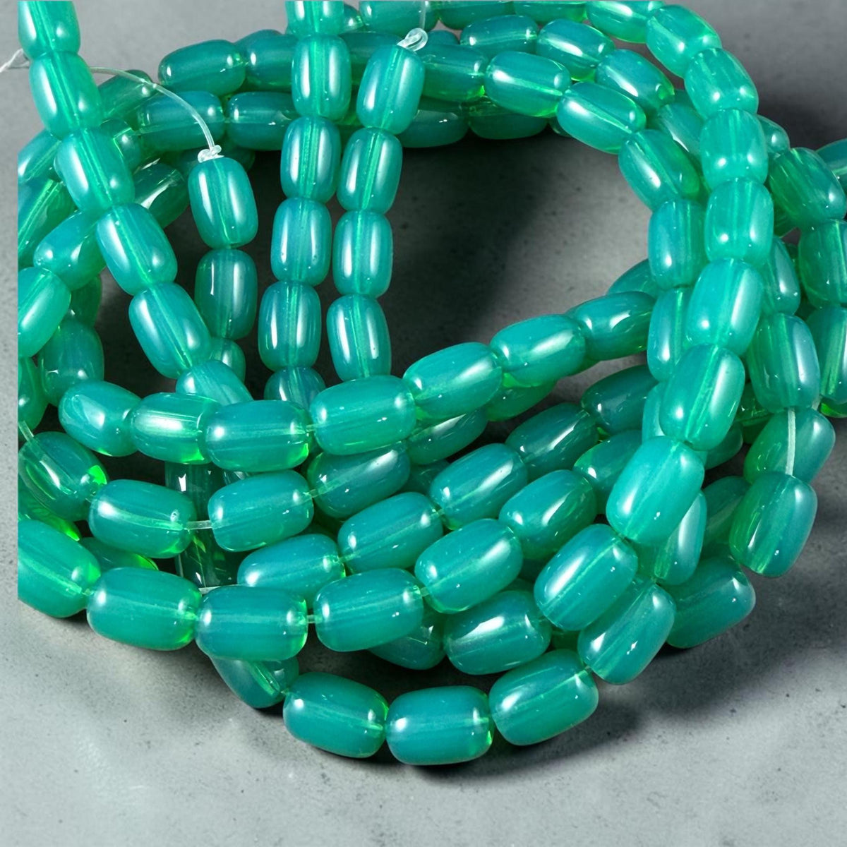 9x6mm Rounded Barrel Glass Beads, Milky Teal, Aqua * 7" Strand, 20 Beads