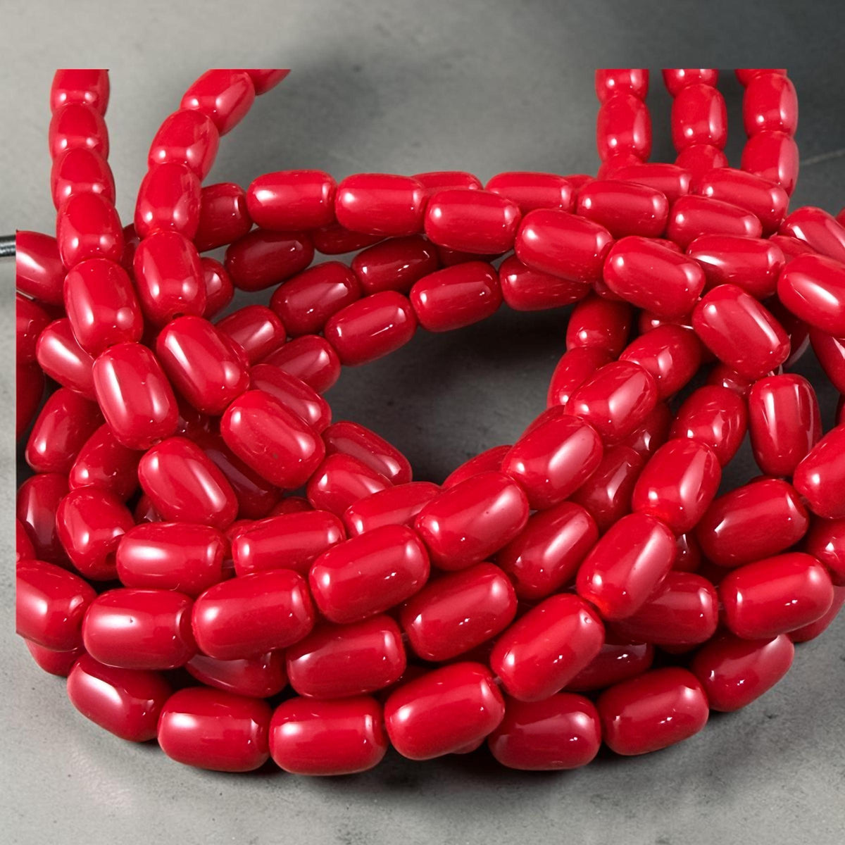 9x6mm Rounded Barrel Glass Beads, Opaque Cardinal Red * 7" Strand, 20 Beads