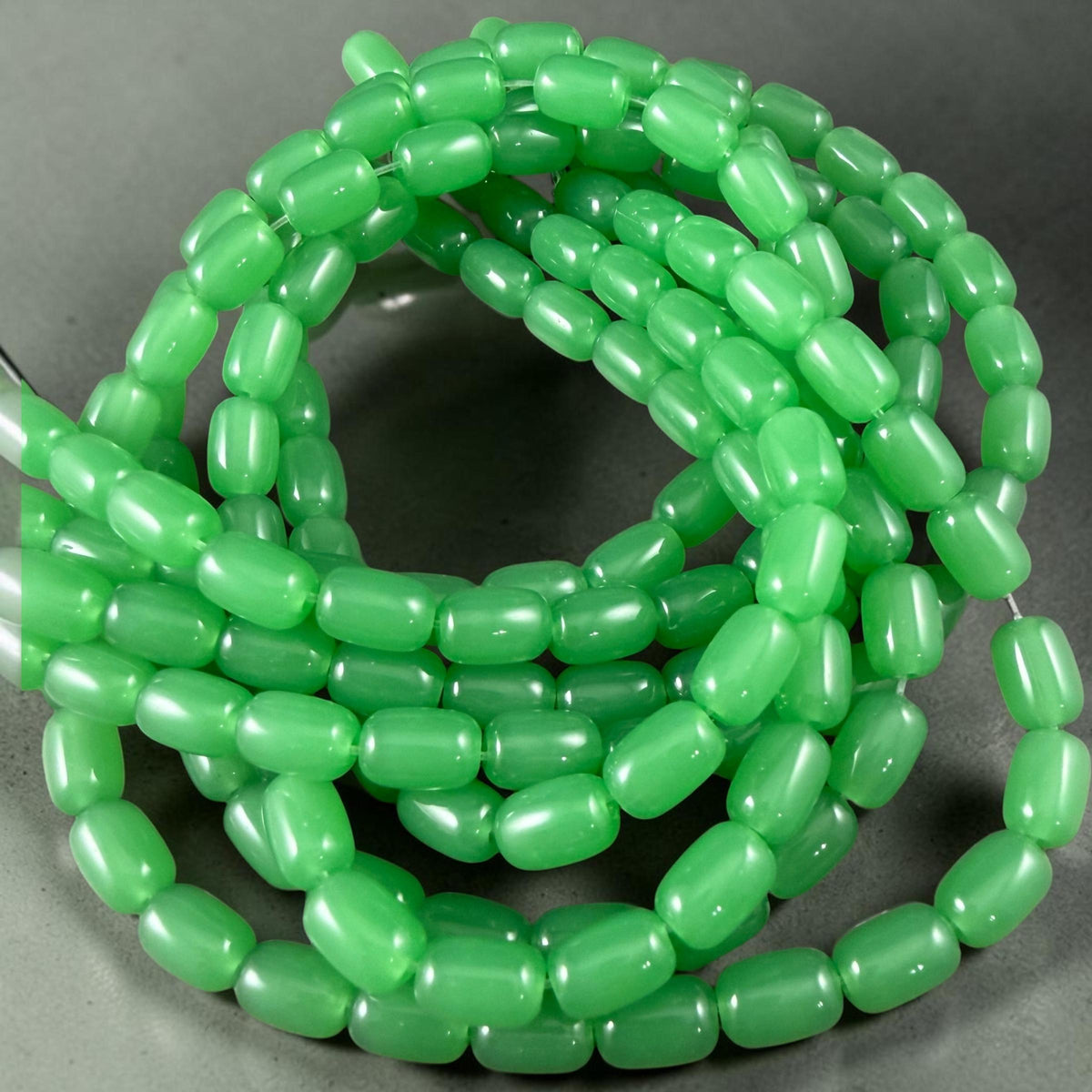 9x6mm Rounded Barrel Glass Beads, Green Apple, Jade * 7" Strand, 20 Beads