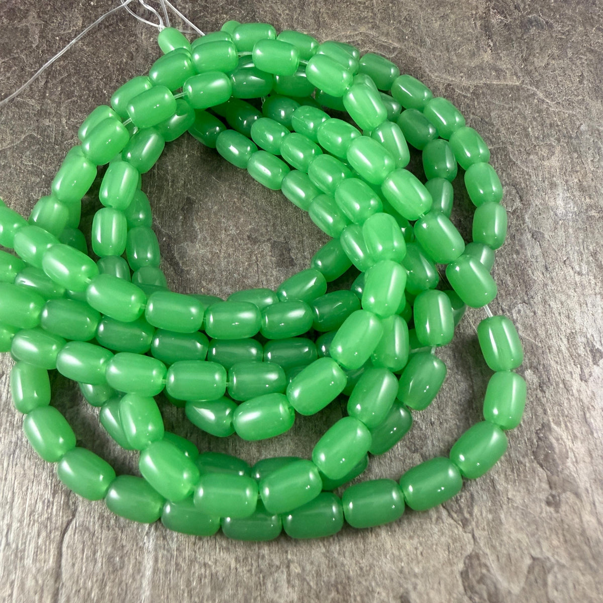 9x6mm Rounded Barrel Glass Beads, Green Apple, Jade * 7" Strand, 20 Beads