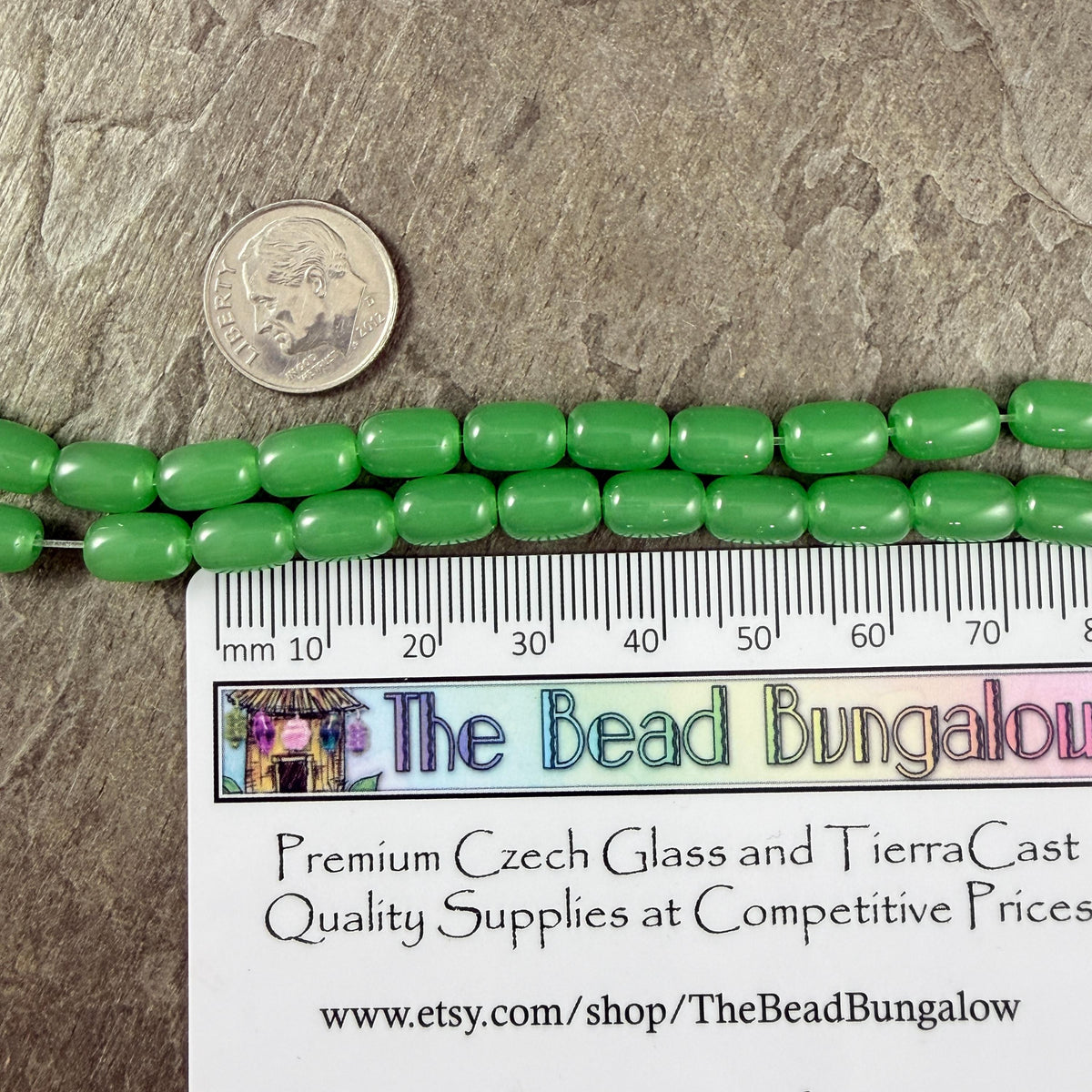9x6mm Rounded Barrel Glass Beads, Green Apple, Jade * 7" Strand, 20 Beads
