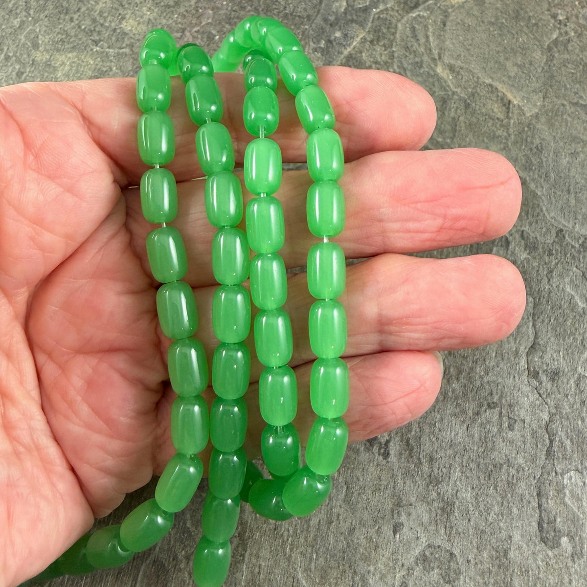 9x6mm Rounded Barrel Glass Beads, Green Apple, Jade * 7" Strand, 20 Beads