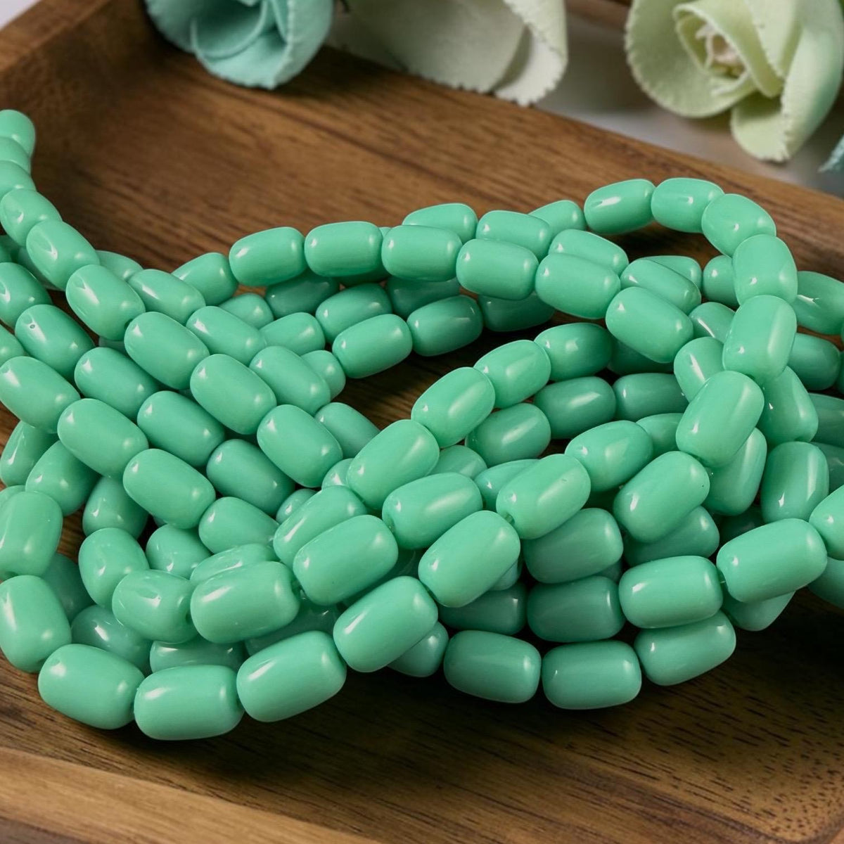 9x6mm Rounded Barrel Glass Beads, Opaque Light Turquoise Blue * 7" Strand, 20 Beads
