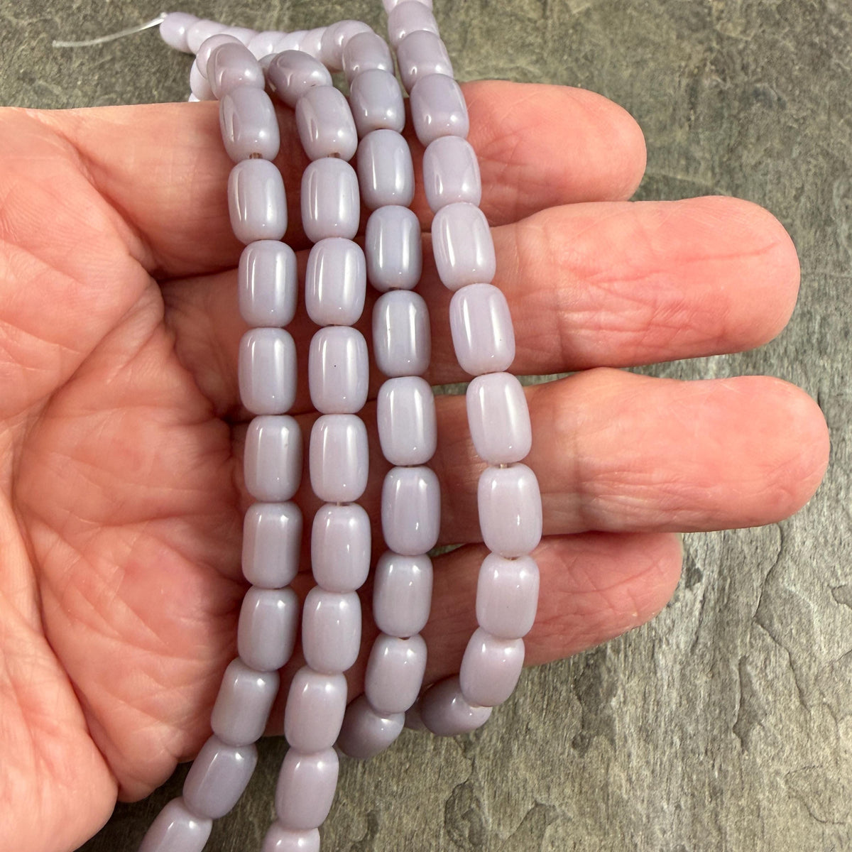 9x6mm Rounded Barrel Glass Beads, Opaque Light Lavender * 7" Strand, 20 Beads