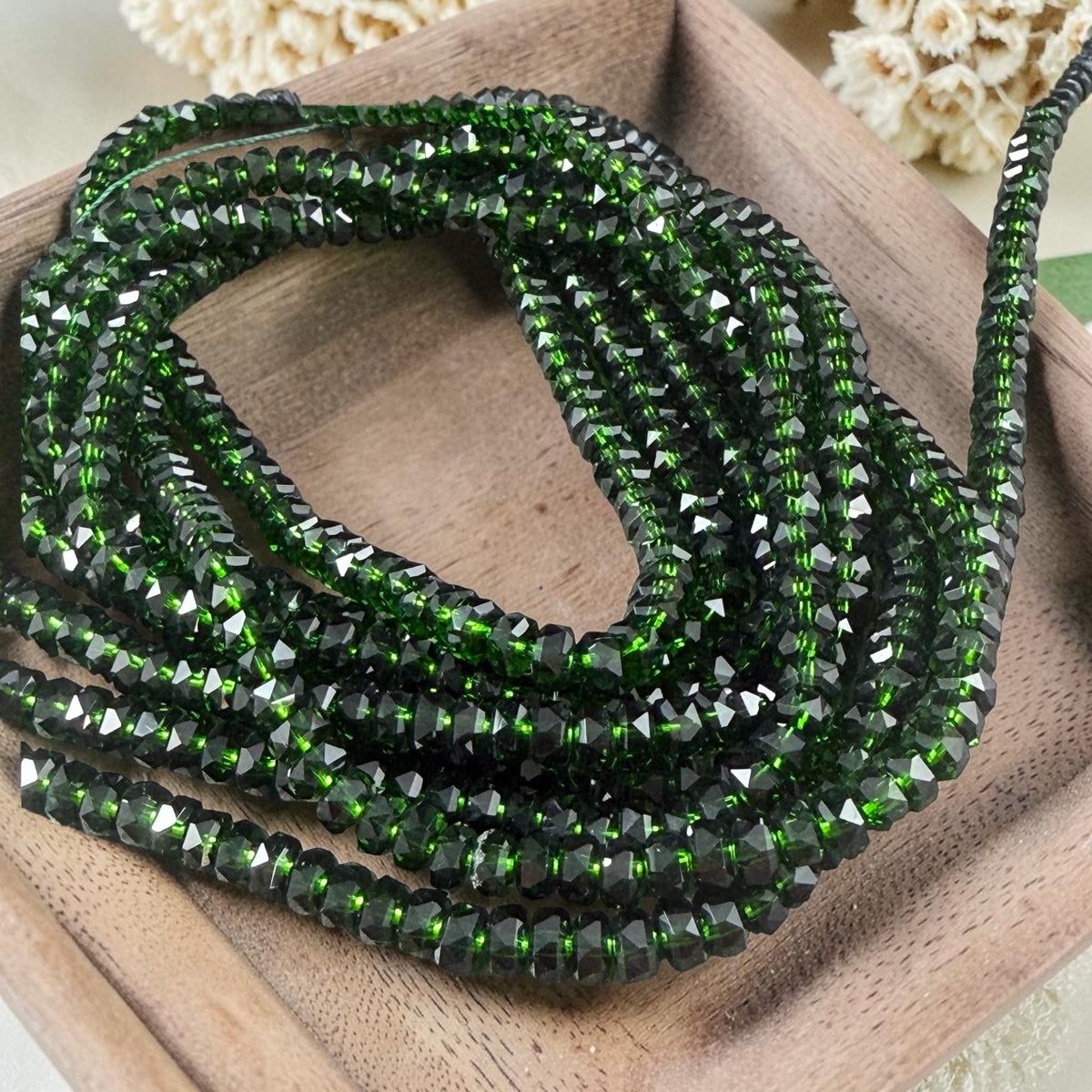 Faceted Glass Beads - 4x2.5mm Heishi Rondelles, Dark Forest Green (Forest) * 7" Strand
