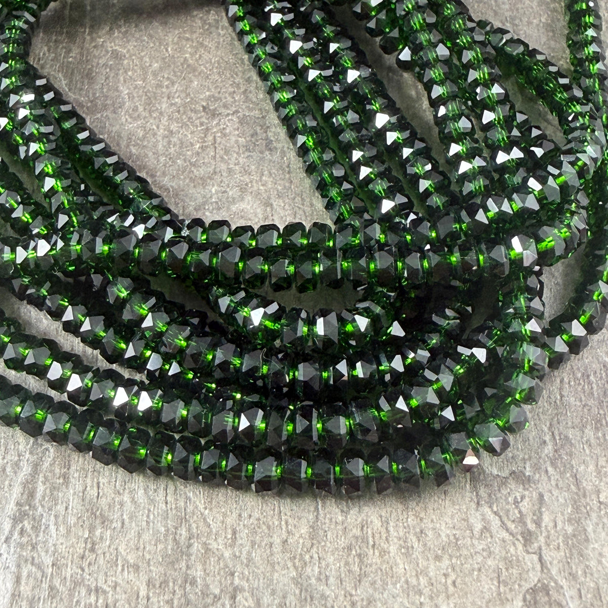 Faceted Glass Beads - 4x2.5mm Heishi Rondelles, Dark Forest Green (Forest) * 7" Strand