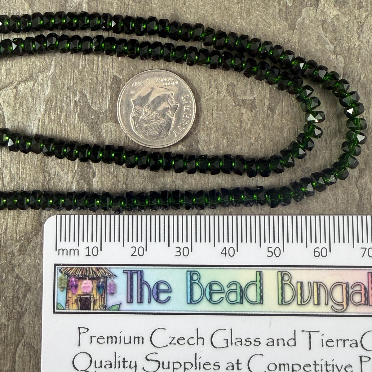 Faceted Glass Beads - 4x2.5mm Heishi Rondelles, Dark Forest Green (Forest) * 7" Strand