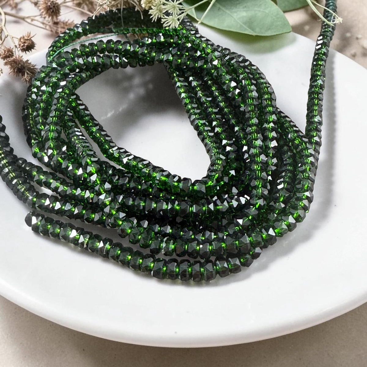 Faceted Glass Beads - 4x2.5mm Heishi Rondelles, Dark Forest Green (Forest) * 7" Strand