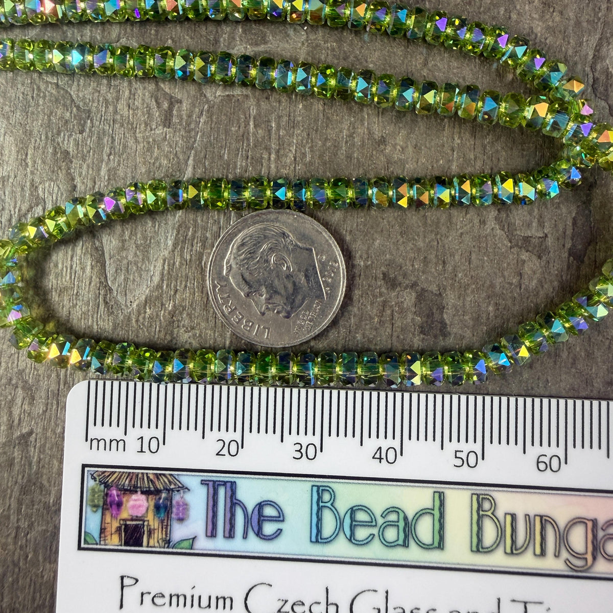 Faceted Glass Beads - 4x2.5mm Heishi Rondelles, Transparent Lime Green with Rainbow AB Finish (Lime-AB) * 7" Strand