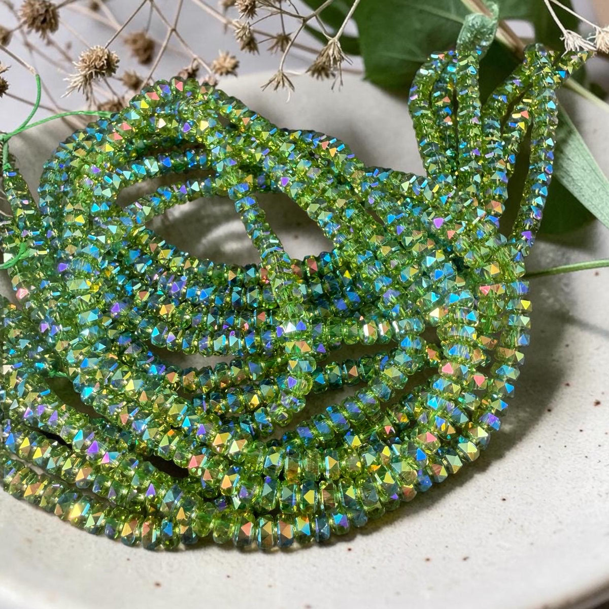 Faceted Glass Beads - 4x2.5mm Heishi Rondelles, Transparent Lime Green with Rainbow AB Finish (Lime-AB) * 7" Strand