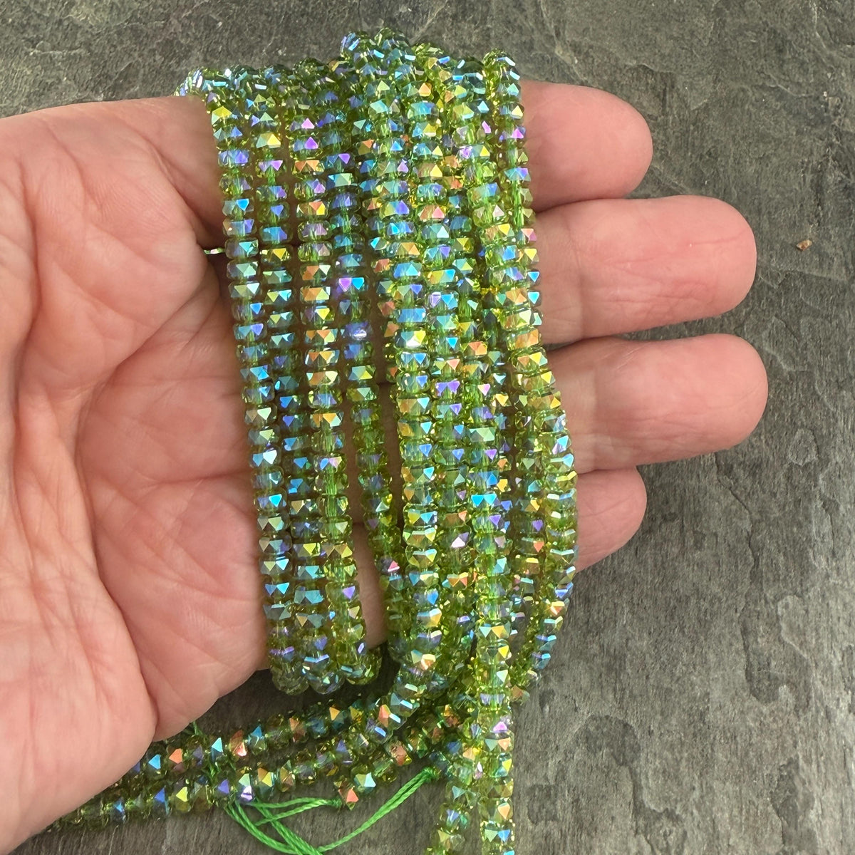 Faceted Glass Beads - 4x2.5mm Heishi Rondelles, Transparent Lime Green with Rainbow AB Finish (Lime-AB) * 7" Strand