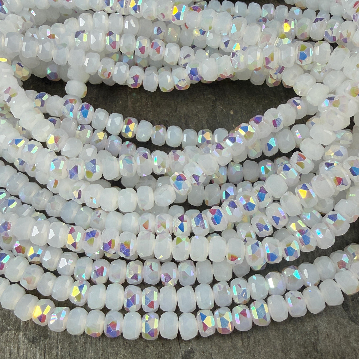 Faceted Glass Beads - 4x2.5mm Heishi Rondelles, White with AB Finish (WhiteAB) * 7" Strand