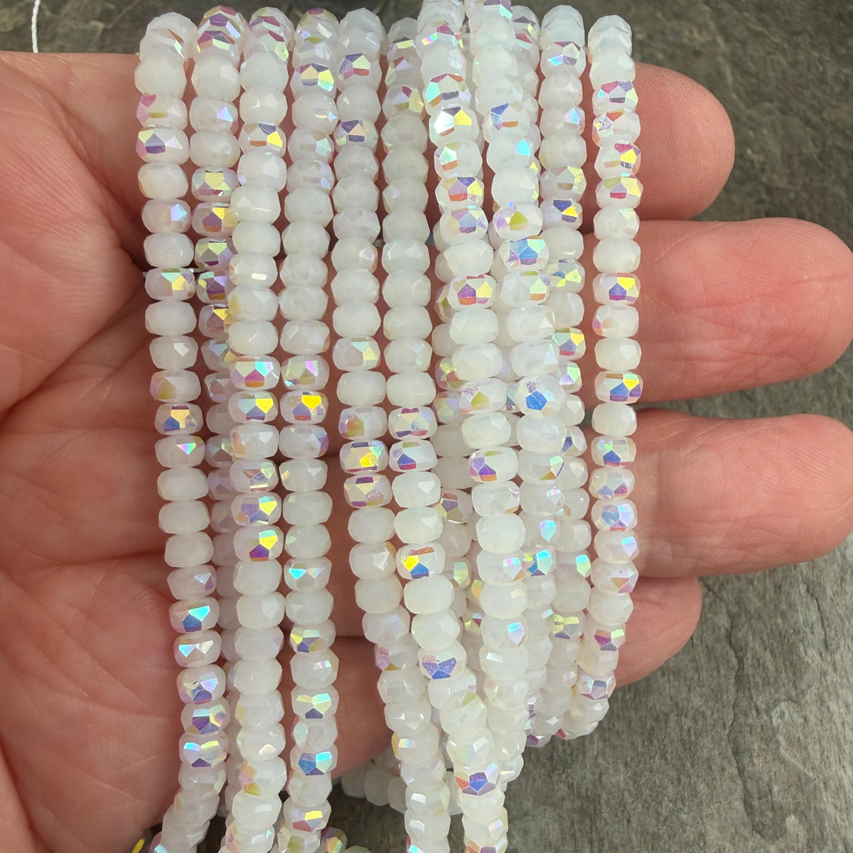 Faceted Glass Beads - 4x2.5mm Heishi Rondelles, White with AB Finish (WhiteAB) * 7" Strand