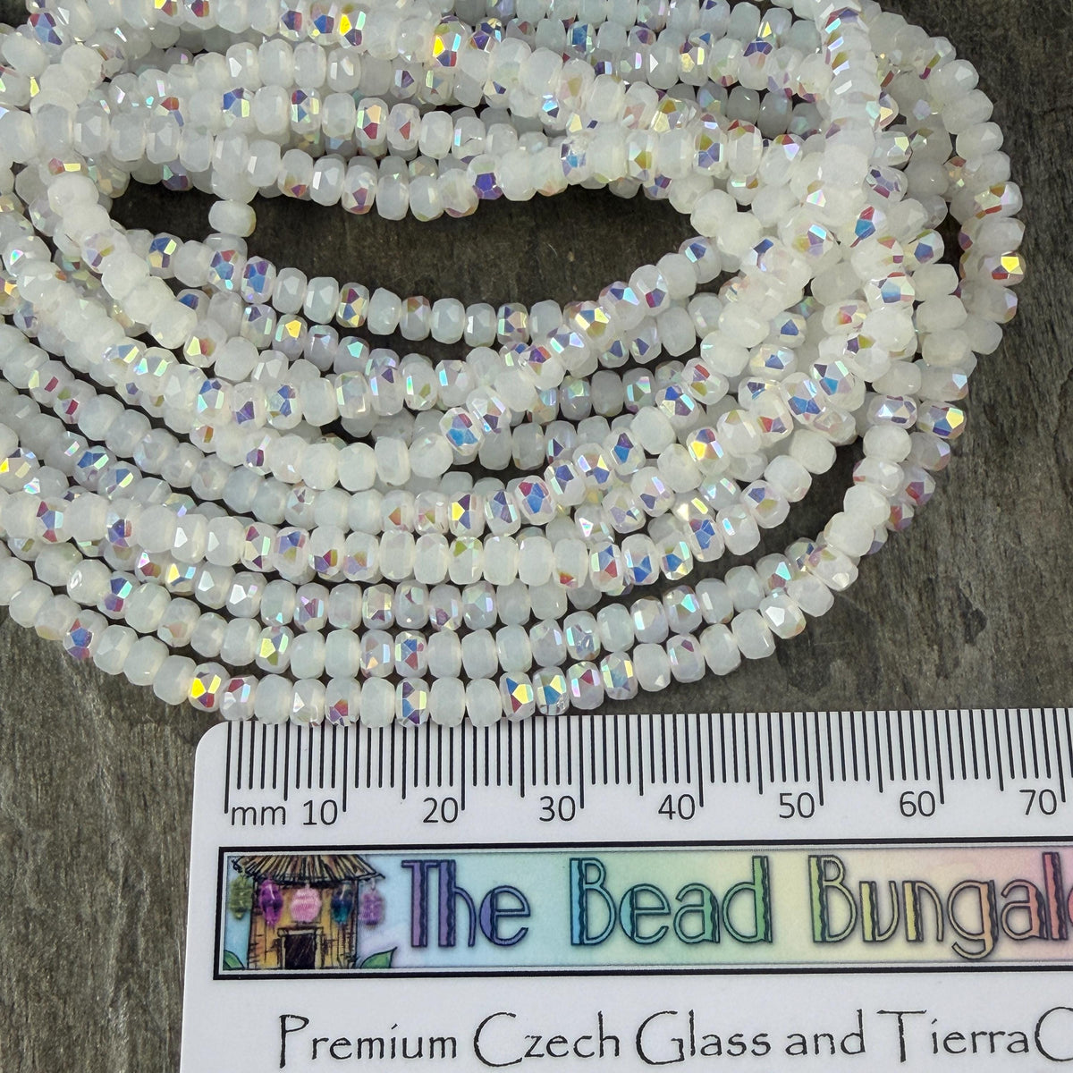 Faceted Glass Beads - 4x2.5mm Heishi Rondelles, White with AB Finish (WhiteAB) * 7" Strand