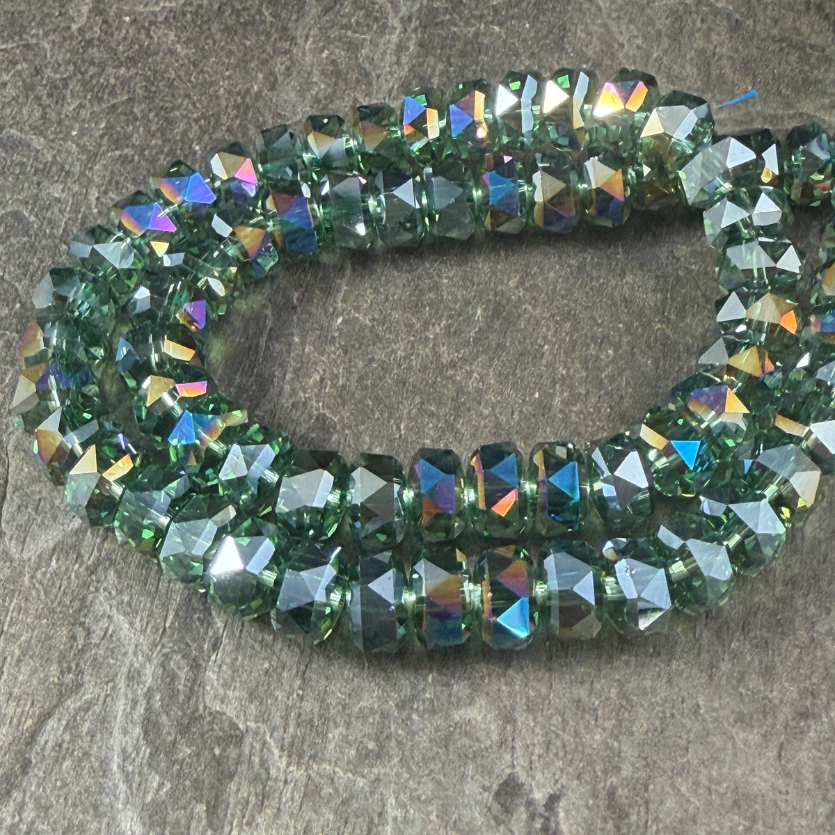Iridescent 8x5.25mm Faceted Rondelle - Fern Green with AB (8x5RON-FernAB) * 30 Beads