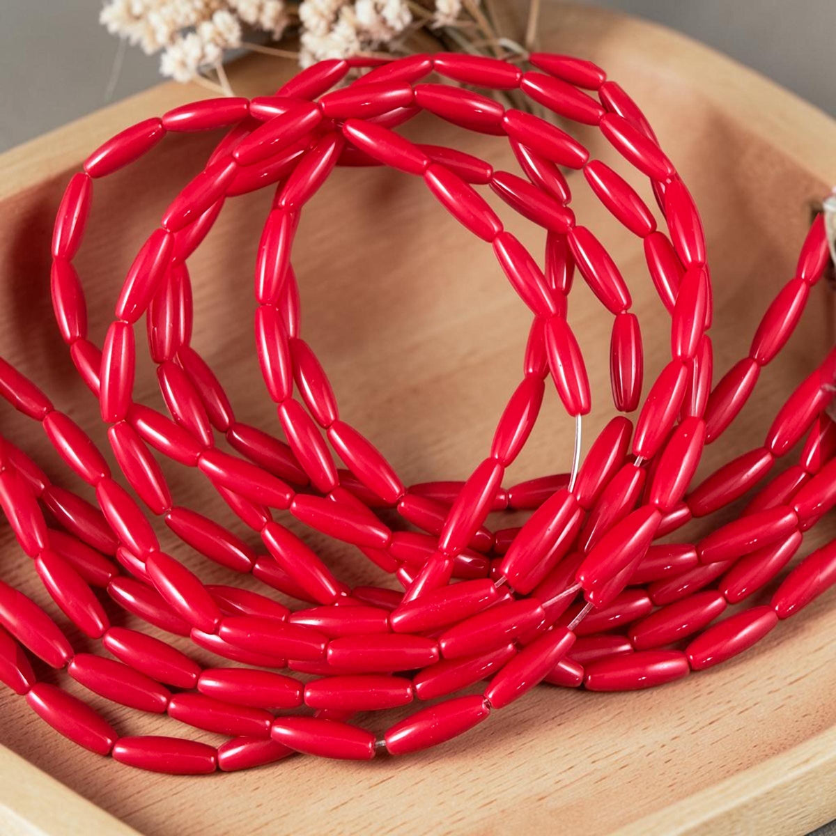 Skinny Oval, Rice Beads, 11.75x3.75mm Opaque Real Red (RO-Red) * 15" Strand
