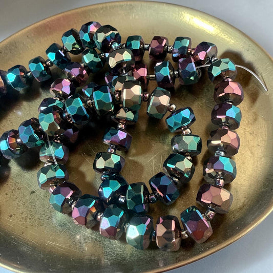 Black Iridescent Beads: Electroplated Glass, 10x7mm Faceted Rondelles * 20 Beads