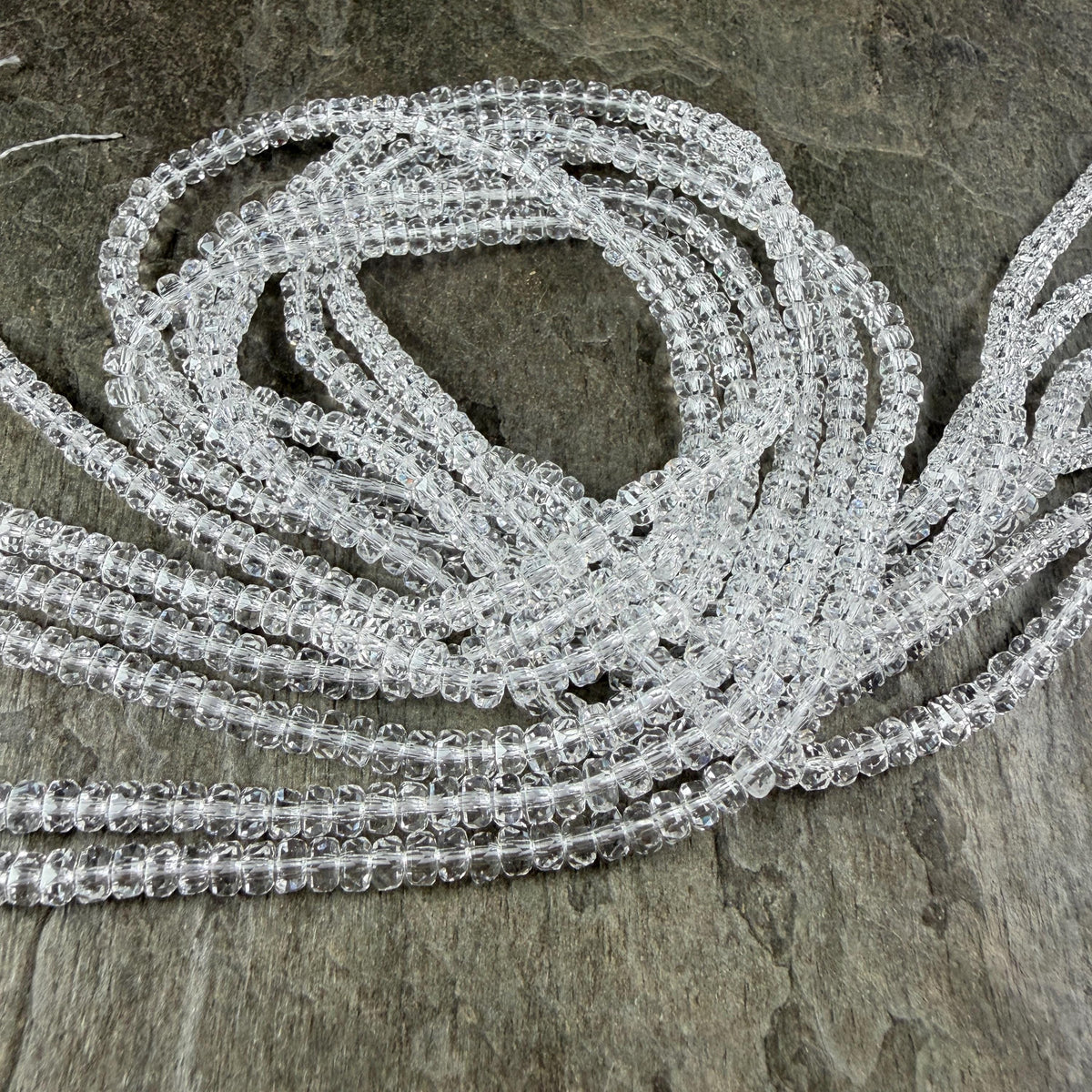 Faceted Glass Beads - 4x2.5mm Heishi Rondelles, Clear Crystal (Clear) * 15" Strand
