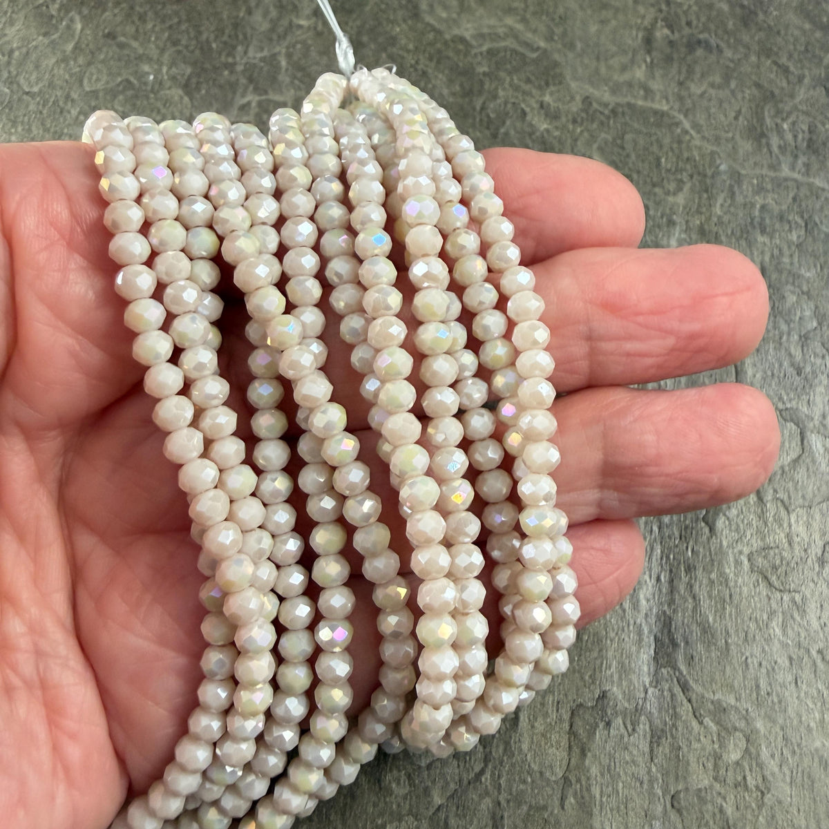 4x3mm Faceted Glass Beads, Alabaster Beige with AB Finish (ABeigeAB-4) * 14" Strand