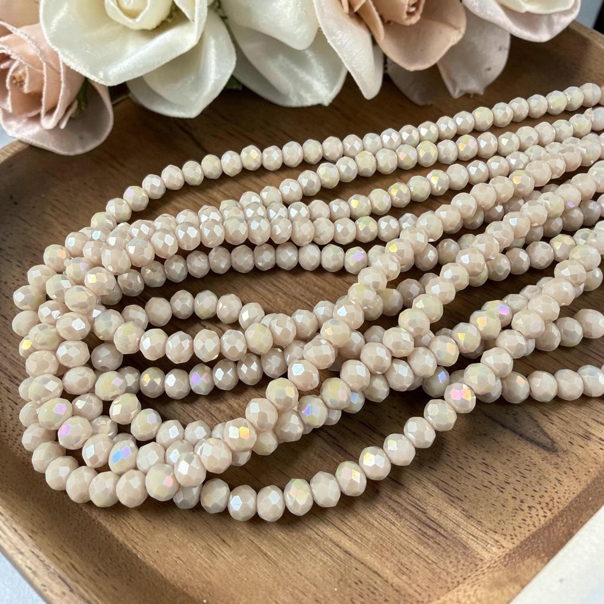 4x3mm Faceted Glass Beads, Alabaster Beige with AB Finish (ABeigeAB-4) * 14" Strand