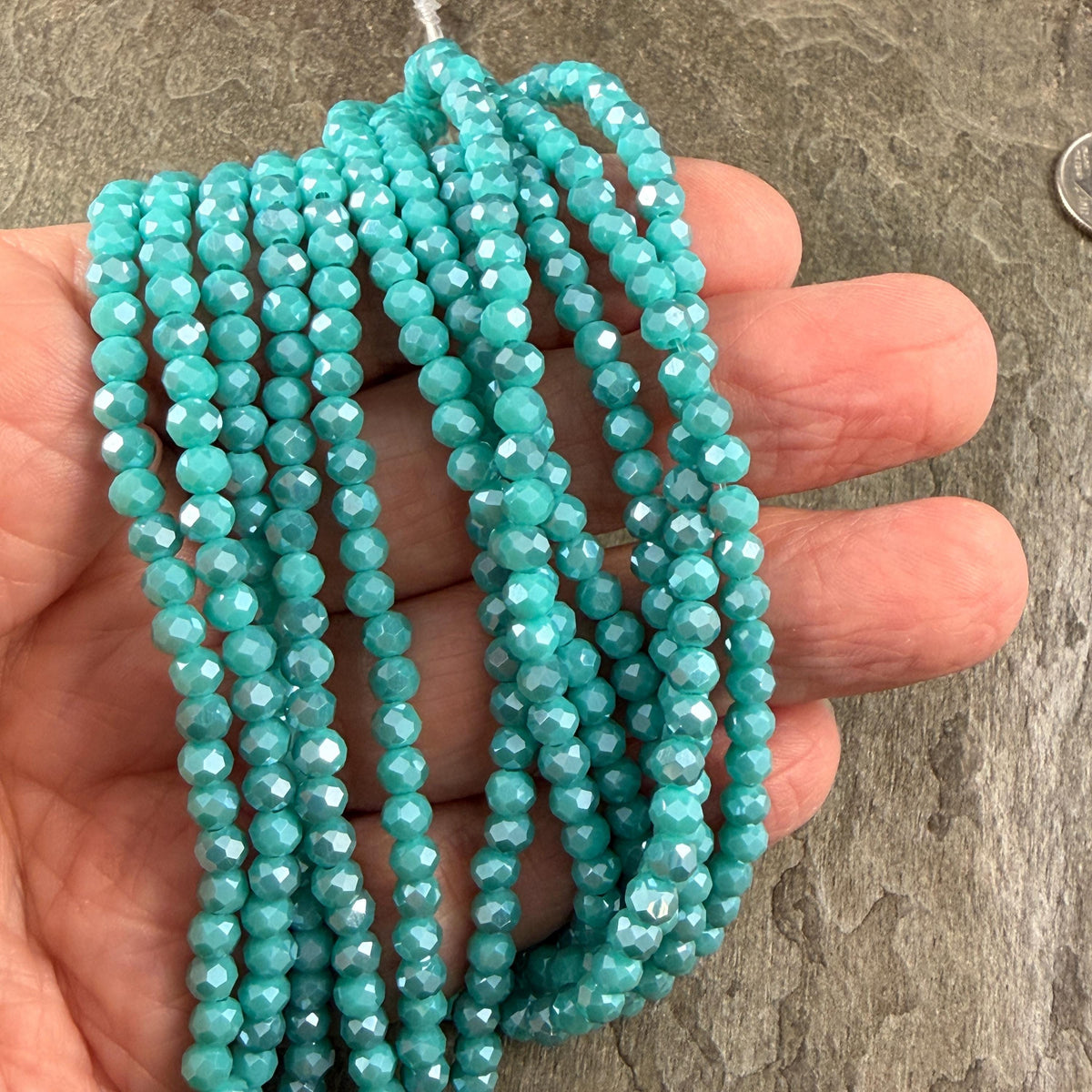 4x3mm Faceted Glass Beads, Dark Turquoise Blue with AB Finish (DkTurqAB-4) * 14" Strand