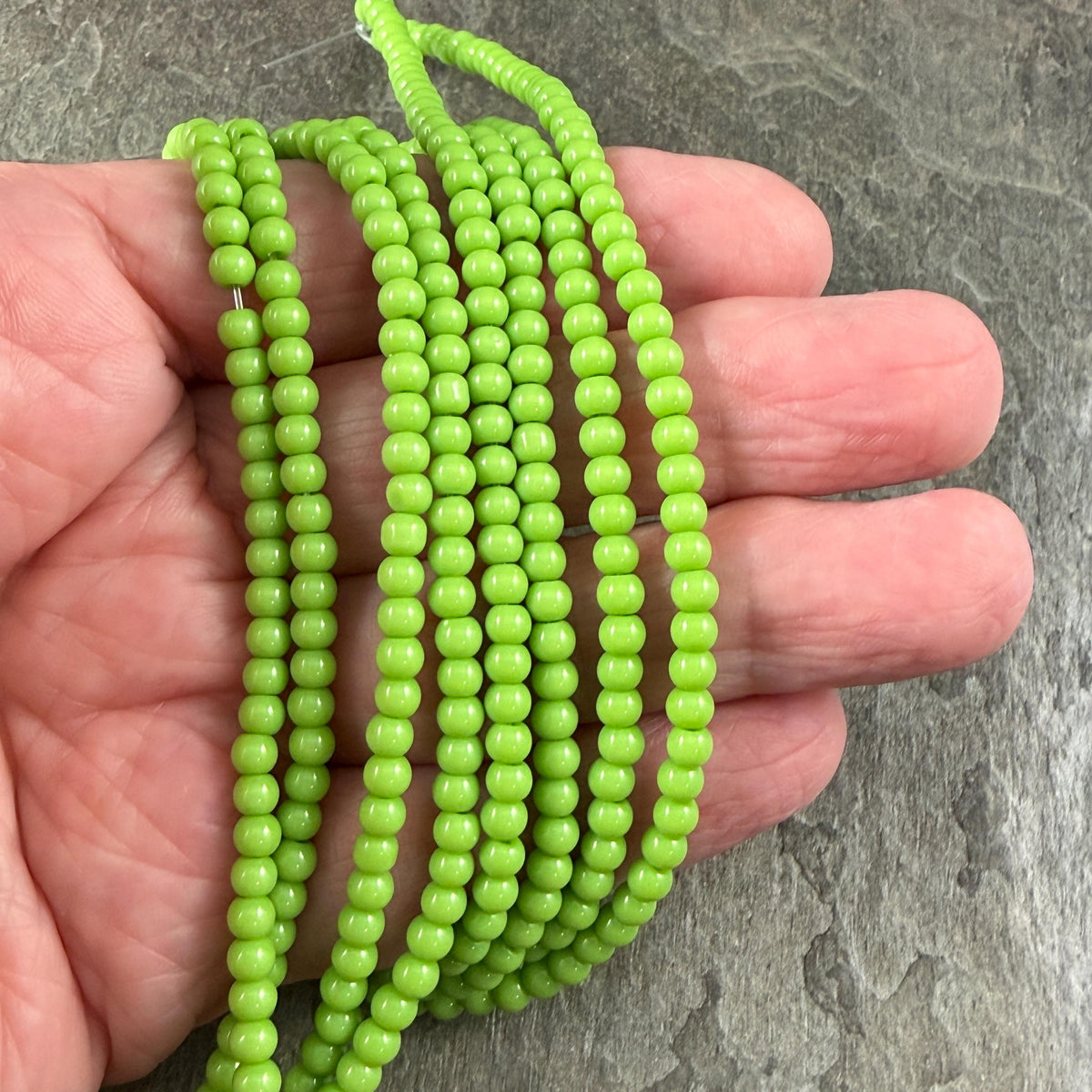 3mm Round Glass Beads, Bright Lime Green * 15" Strand