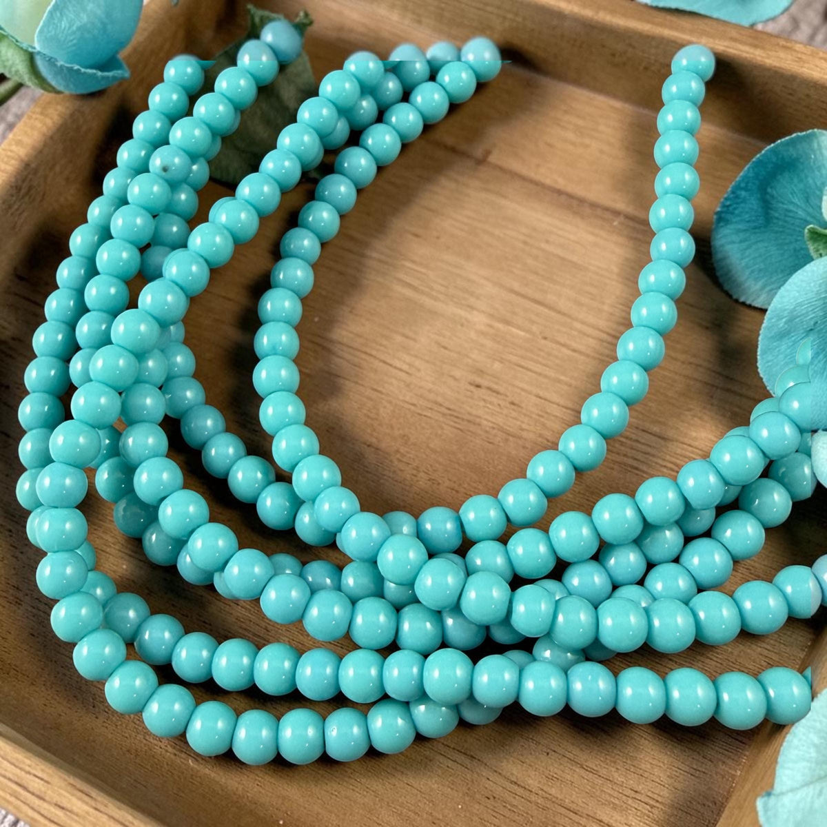 4mm Round Glass Beads, Opaque Sky Blue * 15" Strand