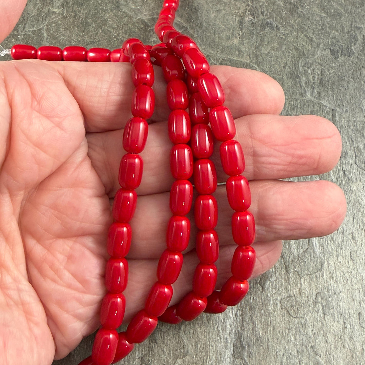 9x6mm Rounded Barrel Glass Beads, Opaque Cardinal Red * 7" Strand, 20 Beads