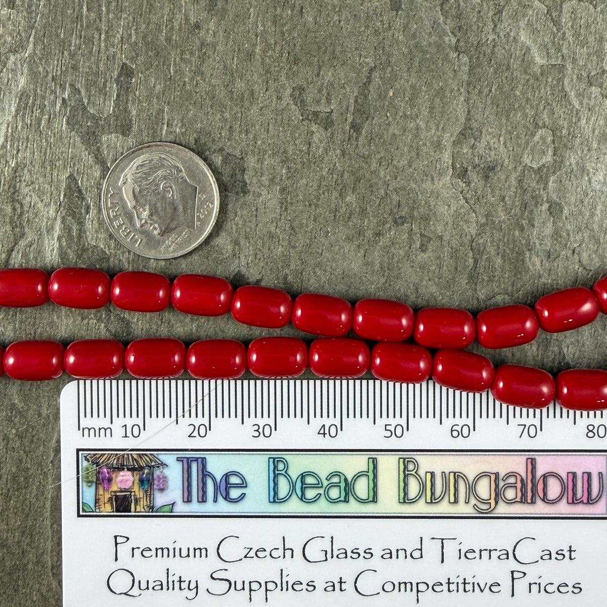 9x6mm Rounded Barrel Glass Beads, Opaque Cardinal Red * 7" Strand, 20 Beads