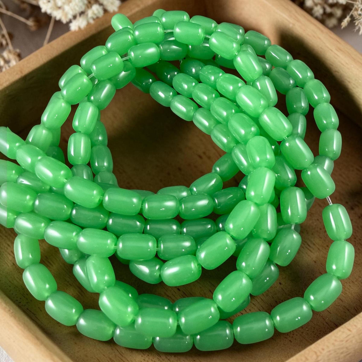 9x6mm Rounded Barrel Glass Beads, Green Apple, Jade * 7" Strand, 20 Beads