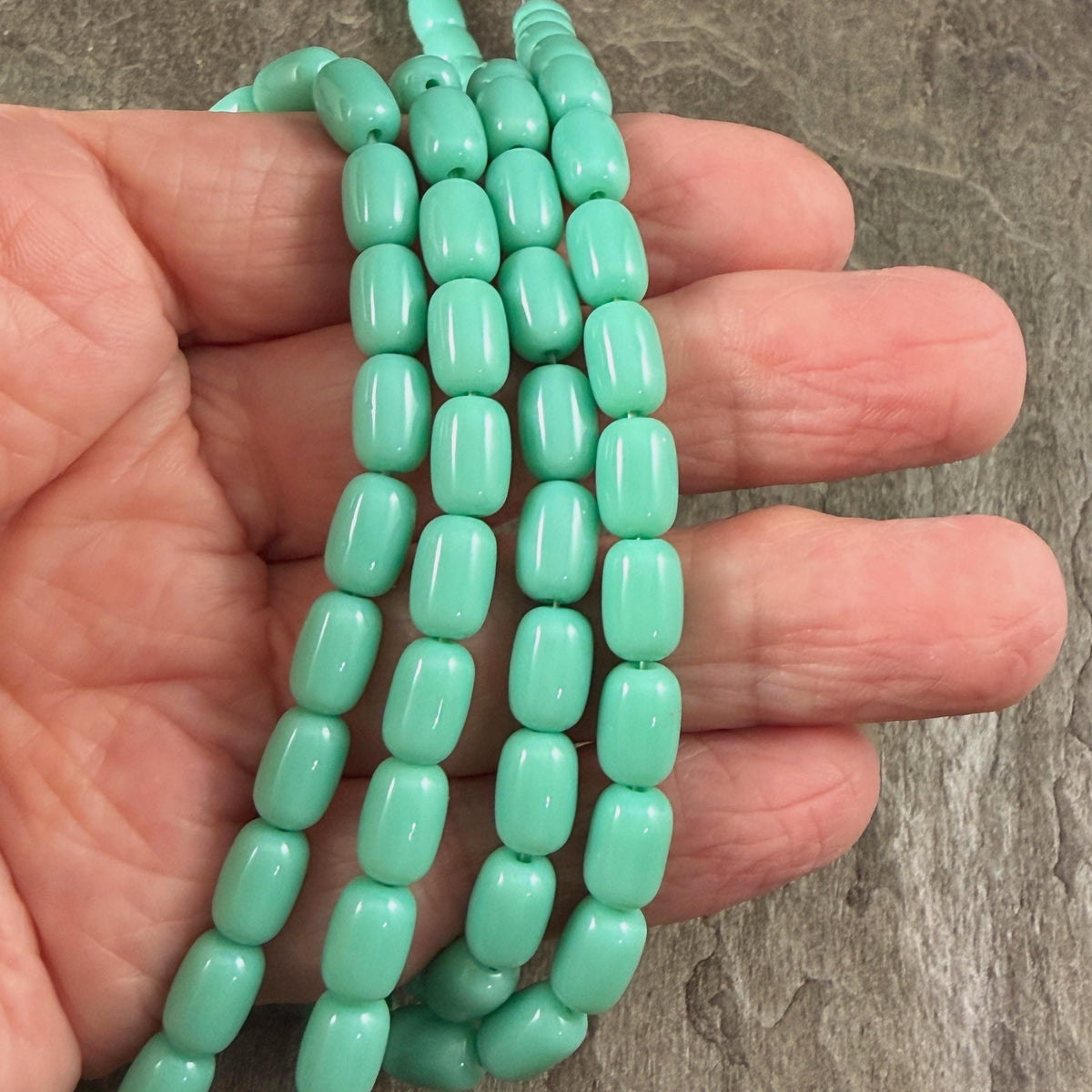 9x6mm Rounded Barrel Glass Beads, Opaque Light Turquoise Blue * 7" Strand, 20 Beads