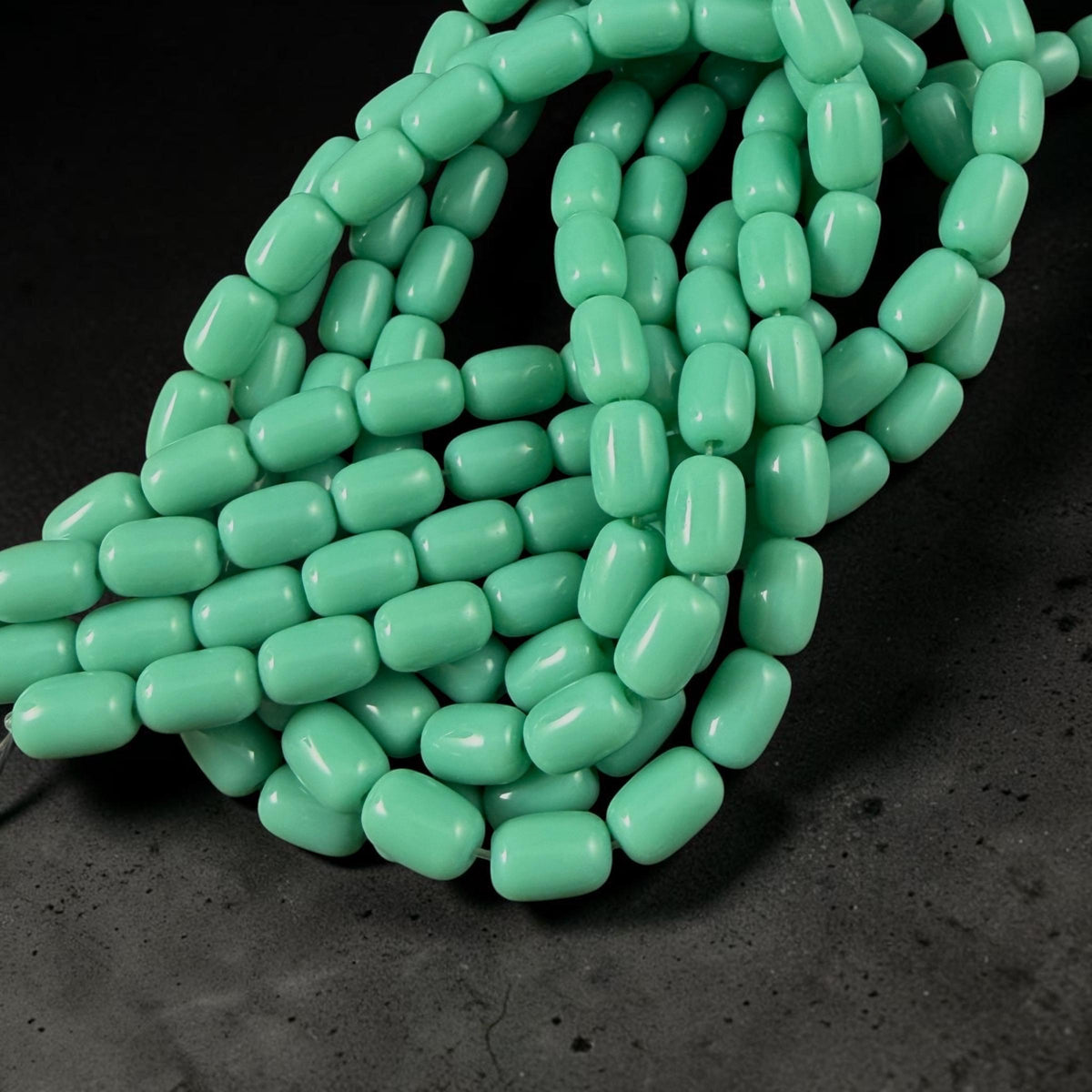 9x6mm Rounded Barrel Glass Beads, Opaque Light Turquoise Blue * 7" Strand, 20 Beads