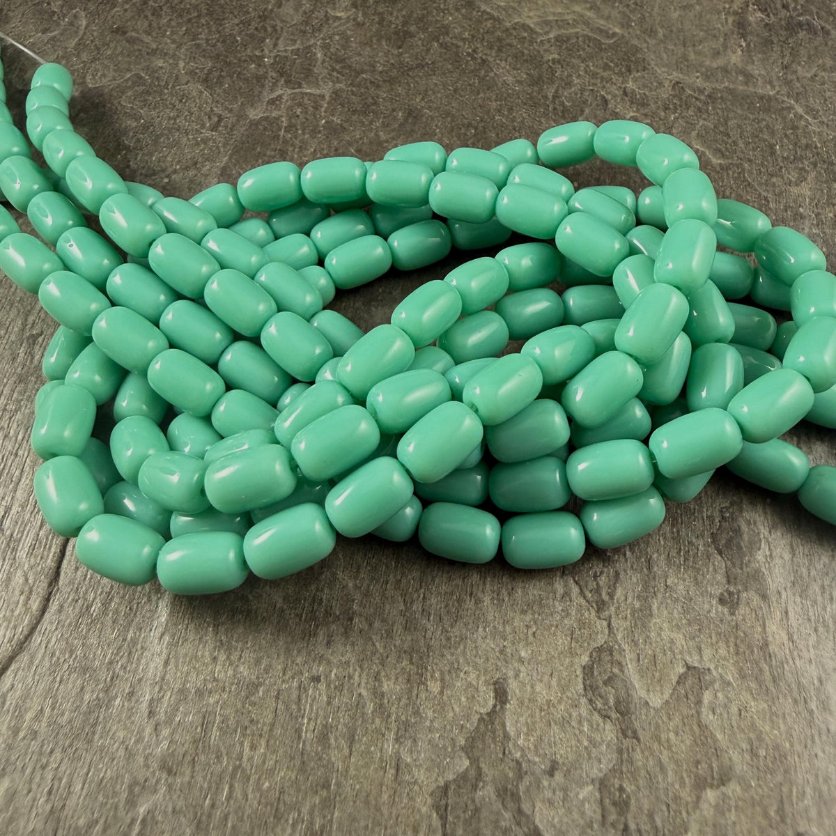 9x6mm Rounded Barrel Glass Beads, Opaque Light Turquoise Blue * 7" Strand, 20 Beads
