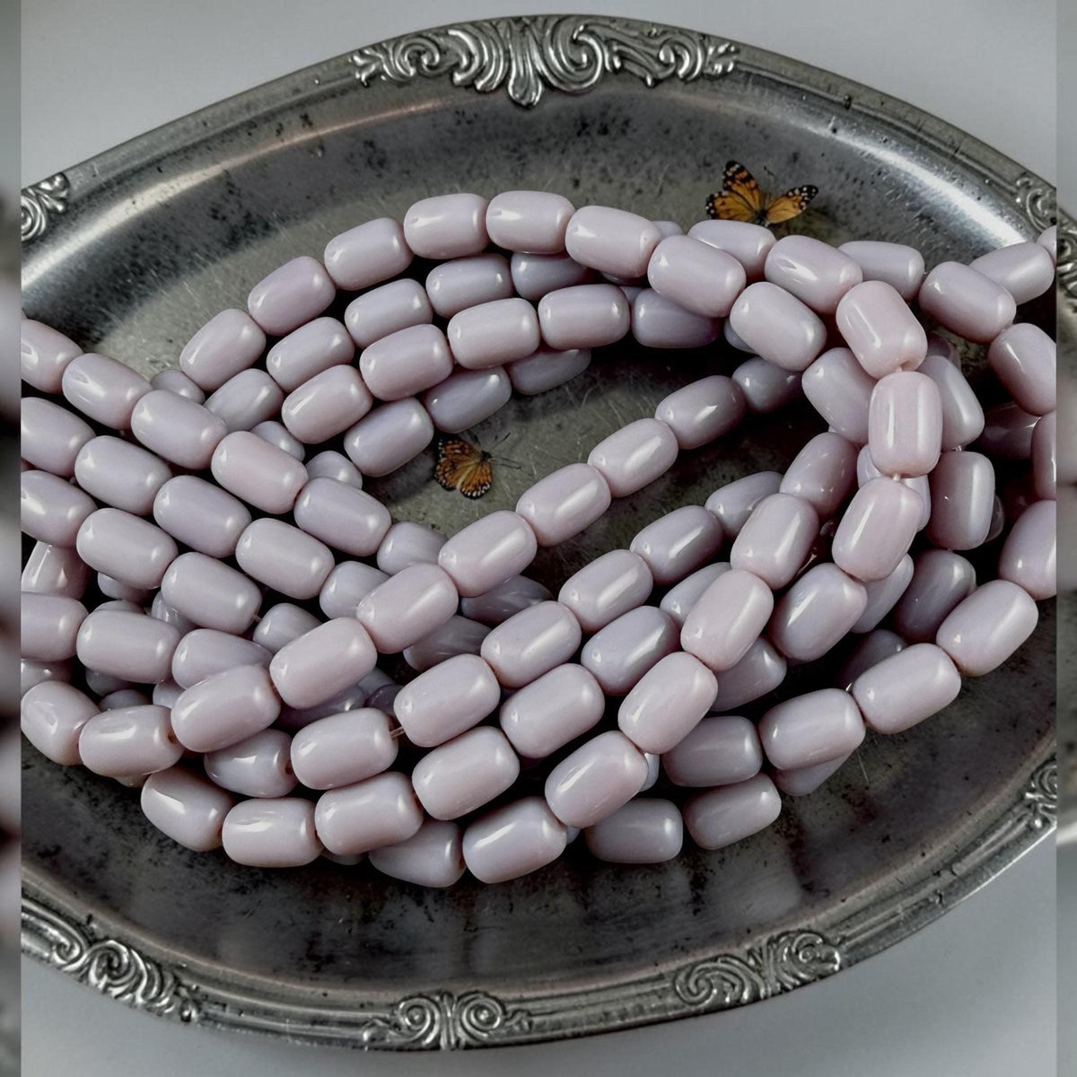 9x6mm Rounded Barrel Glass Beads, Opaque Light Lavender * 7" Strand, 20 Beads