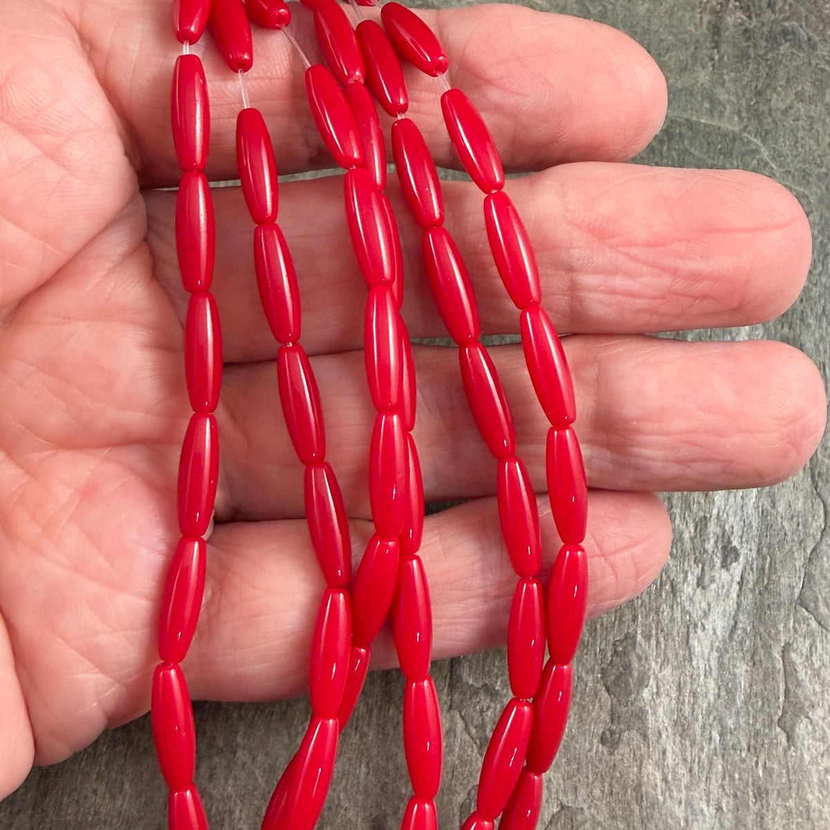 Skinny Oval, Rice Beads, 11.75x3.75mm Opaque Real Red (RO-Red) * 15" Strand