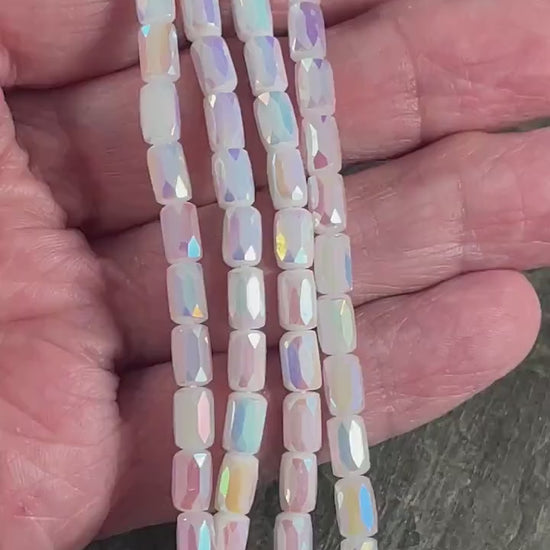 Faceted Glass Tube Beads, 7x4mm Tube Bead with Facets and AB Finish (White AB) * 7" Strand