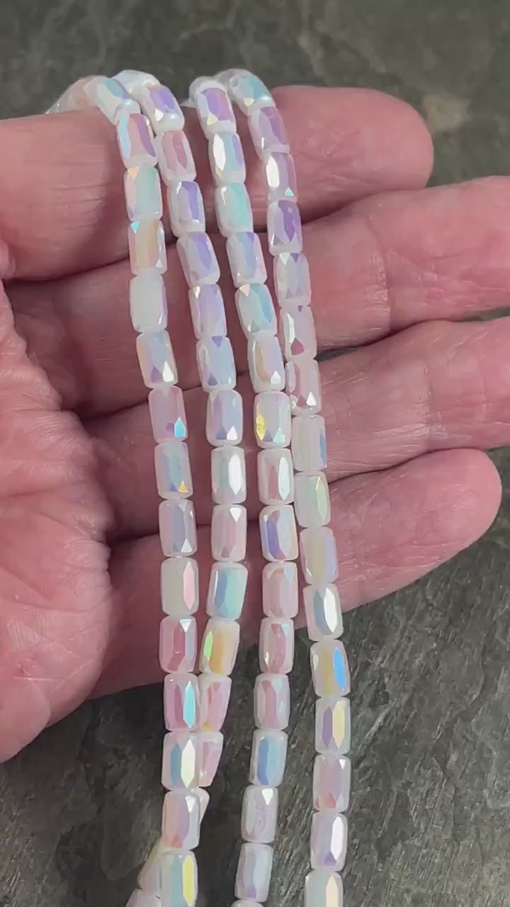 Faceted Glass Tube Beads, 7x4mm Tube Bead with Facets and AB Finish (White AB) * 7" Strand