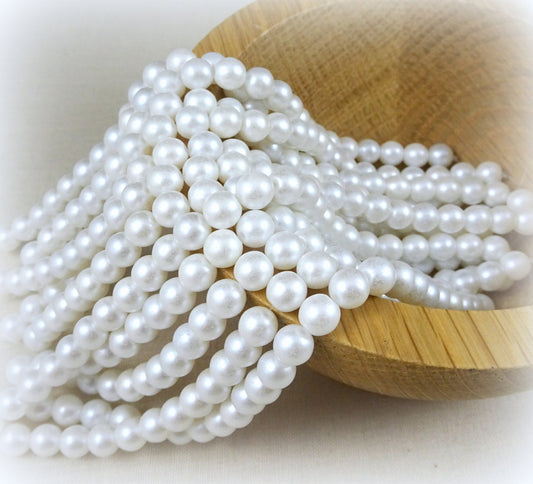 White Glass Pearl Beads White Czech Beads 6mm Round White Pearls 6mm Druk Beads - White Pearl (D6/SM-25001) - Qty. 50