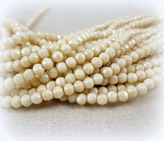 Czech Glass Beads 3mm English Cut Beige Off-White Ivory Faceted Cube Spacer Beads Small Beige Glass Beads (EC/SM-P14413) - Qty. 50