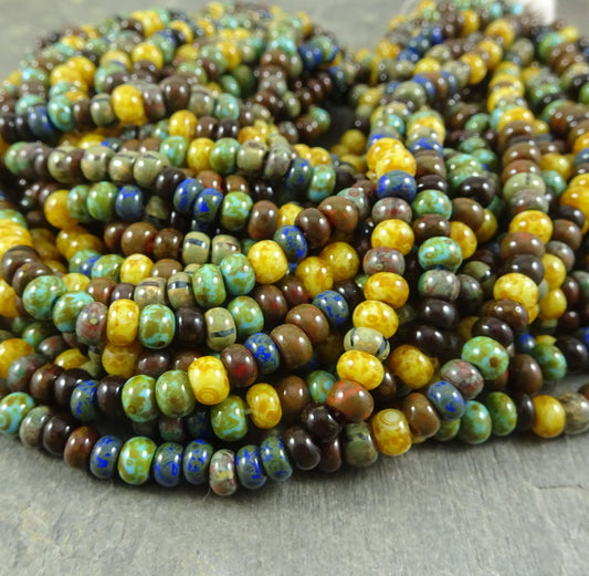 Aged Picasso Seed Beads 4/0 Seed Beads 5mm Picasso Seed Beads Aged Caribbean Blue Striped Picasso Mix (4/0-006)